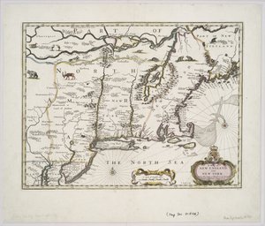 Um mapa da Nova Inglaterra e Nova York, do Teatro do Império da Grã-Bretanha, de John Speed, 1676 (impressão colorida)